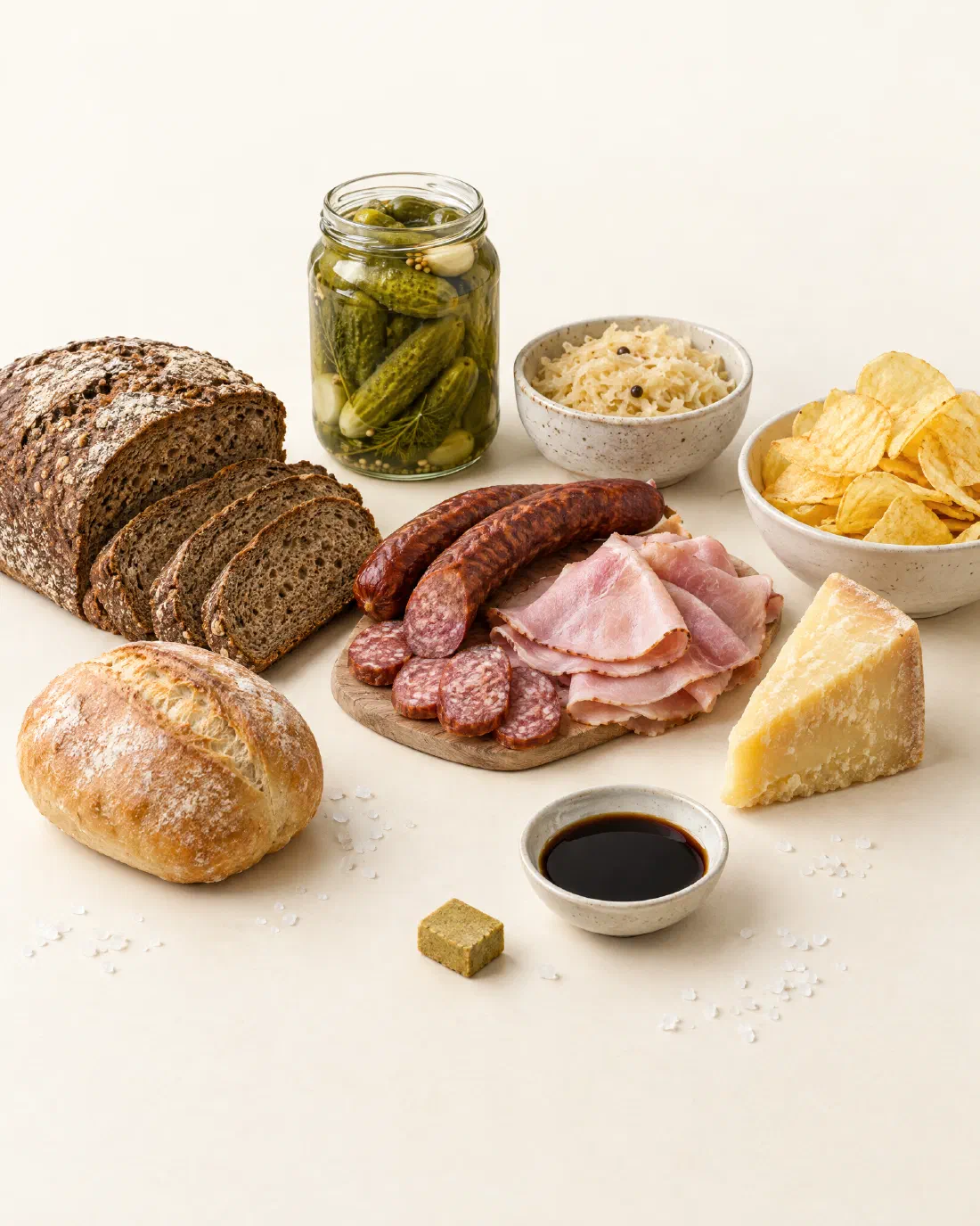 Žitný chléb, rohlík, uzeniny, šunka, sýr, nakládané okurky, kysané zelí, chipsy, bujonová kostka a sójová omáčka