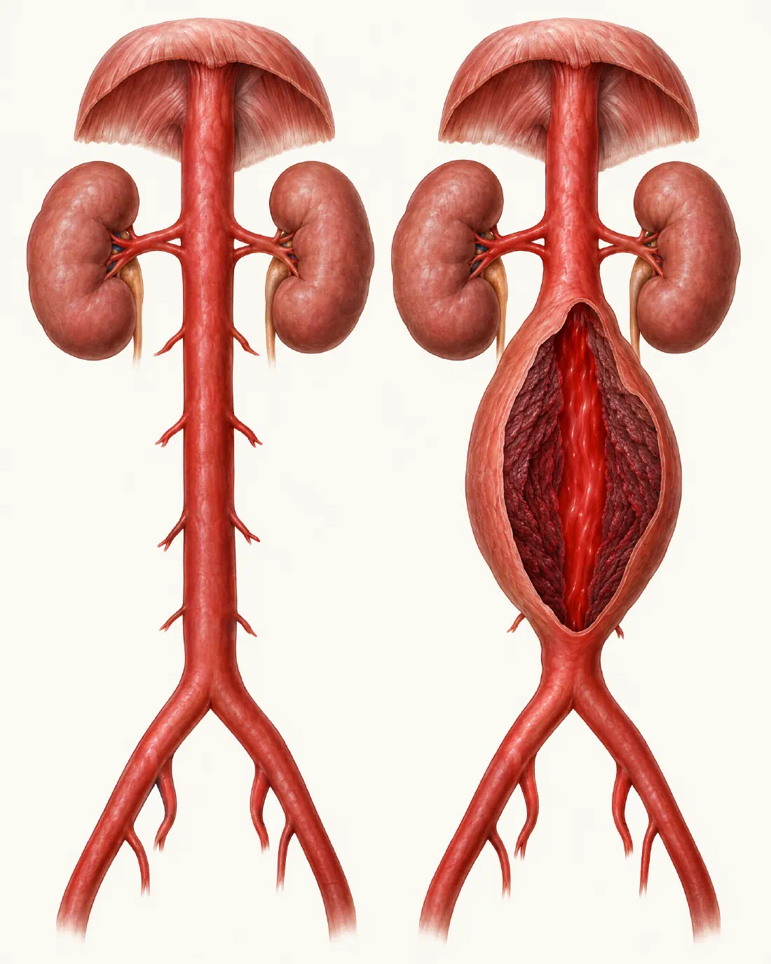 Zdravá břišní aorta vedle aorty s vřetenovitou výdutí pod ledvinnými tepnami, v řezu nástěnný trombus