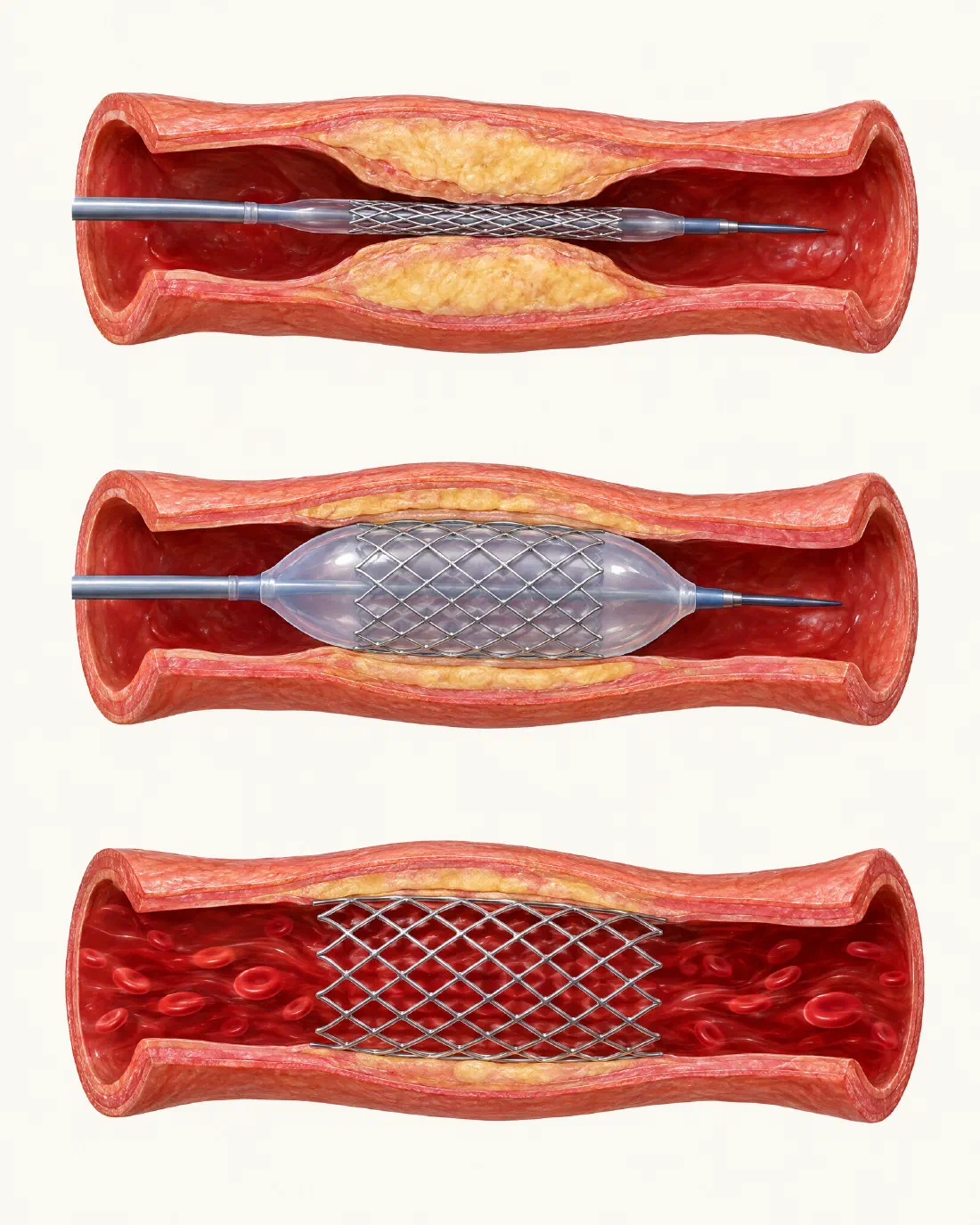 Tři kroky angioplastiky: zavedený balonek se stentem v zúžené tepně, nafouknutý balonek, rozepnutý stent držící tepnu otevřenou